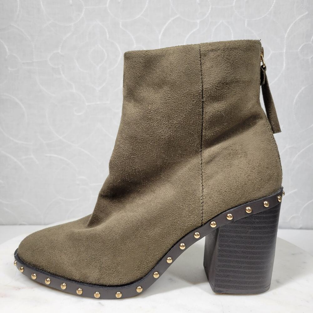 Forever 21 Suede Boots Womens 7 Green Leather Gold Rivets Block Heel Zipper New
